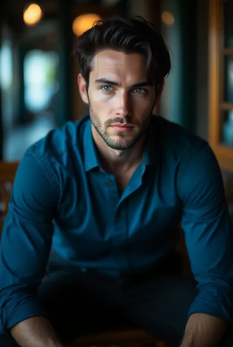 Close-up photorealistic portrait of a 21 year old young English-Welsh man with aristocratic features, sitting cross-legged on a bench, 1D X capture, 85mm f/1.2 lens, shallow depth of field. Chiaroscuro lighting emphasizes weathered skin texture. Soft, diff...