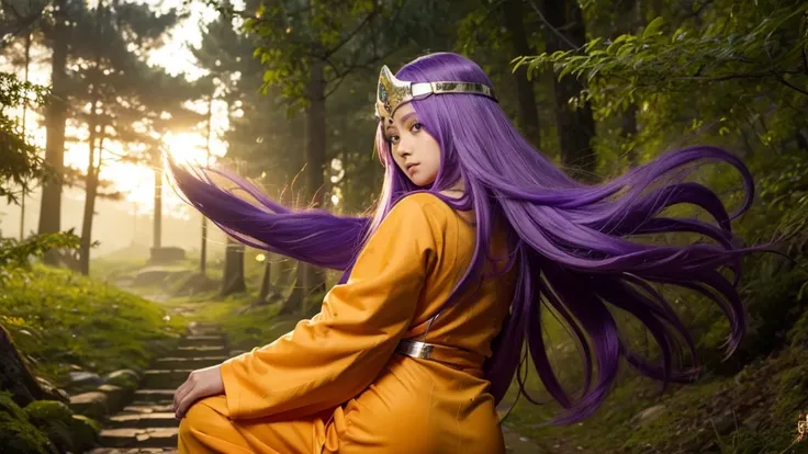  a mysterious female character 、 has long purple hair and a calm expression 。Wearing an orange and yellow robe、She wears sandals 、 Overall, it has an atmosphere like a fortune teller or wizard、forest、They raise their hands and chant magic 