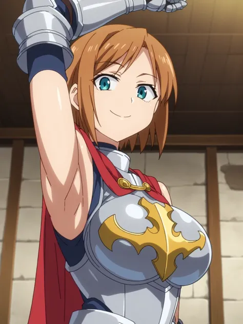 score_9, score_8_up, score_7_up, source_anime, anime screencap, 1girl, solo, Nobara Kugukasi, brown_eyes, brown_hair, short_hair, large_breasts, armor, breastplate, gauntlets, armored_dress, sleeveless, arm up, raised arm, armpit, armpit focus, looking at ...