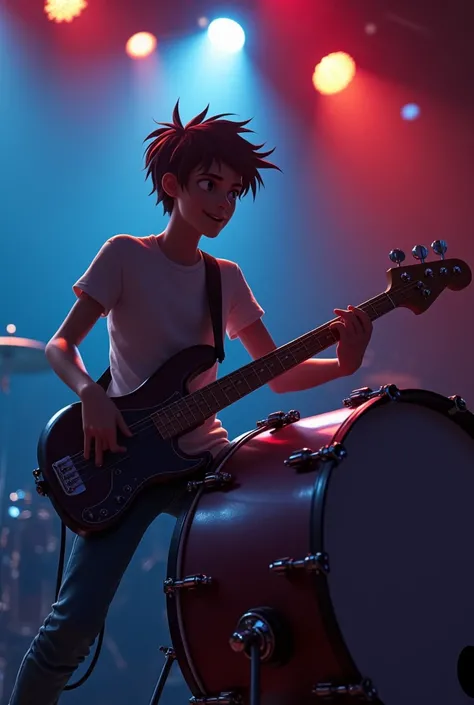 Create an animated image of a skinny teenager playing bass drum 