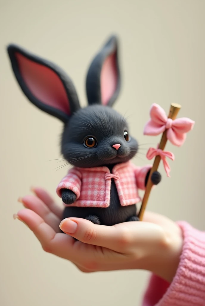 A little hand with a long black bunny with pink tips ,  Wearing a checkered pink shirt and a banbu tied by a pink cloth