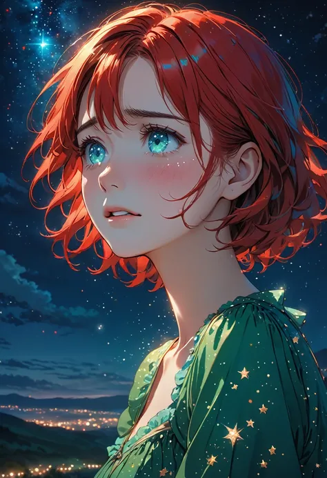 Girl wearing green dress, short bright red hair, bright blue eyes and night sky full of bright stars at night, crying, partially illuminated, GLSHS