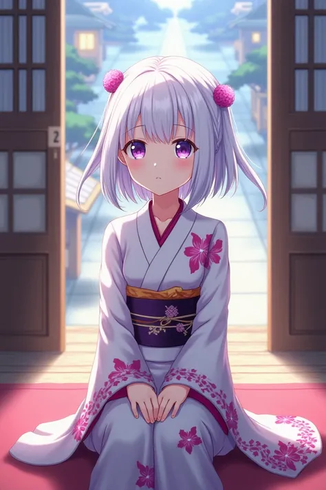 Young woman with purple eyes ,  white hair up to the shoulders ,  with two locks below the ears ,  sitting on a carpet in the background of a traditional Japanese estate while she wears a kimono revealing only the shoulders Kimetsu no Yaiba 2D drawing styl...