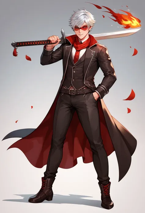 Beacon Academy, RWBY, a boy with silver hair, wearing a mask, demon hunter from Devil May Cry, red flame eye, welding a long sword, two pistols on his hip, full body, looking at the viewer,