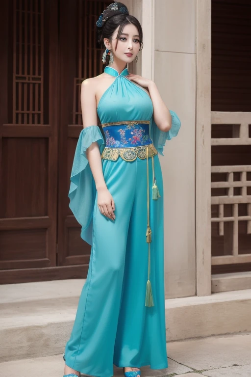 The woman is wearing an ancient blue turquoise costume, including a full-length halter top blouse, and chiffon trousers on the bottom. She is an oriental beauty with a very Chinese style. The costume is very Song Dynasty style. She has her back to the woma...