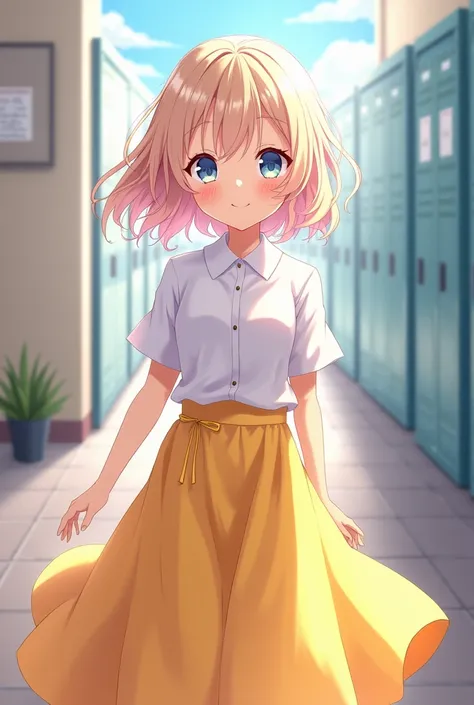 Upbeat anime girl with pastel red hair wearing a white shirt and long yellow skirt and a kind smile looking into my eyes with a school background