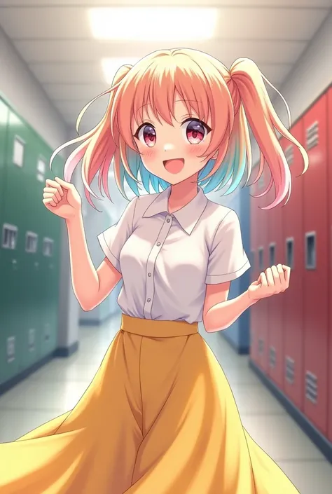 Upbeat anime girl with pastel red hair wearing a white shirt and long yellow skirt and a kind smile looking into my eyes with a school background