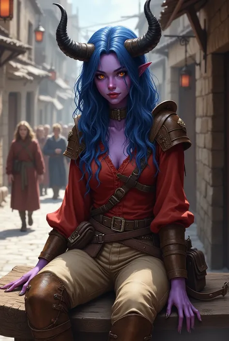 a full body portrait of a sexy female tiefling with blue long hair and orange eyes and purple skin and black horns, she is wearing a red blouse under a brown leather armor and a beige leather pants and brown boots. she is wearing a belt with some pouches, ...