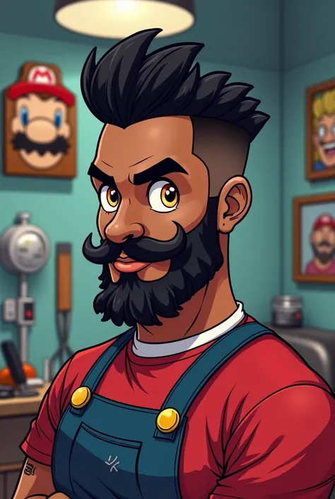 Super Mario Bross logo as a modern black-skinned barber,  honey-colored eyes , big black beard,  with a meed fade haircut with fristyle  , a hair clipper ,  a comb and scissors in the background of the image, The image of being a cartoonist 