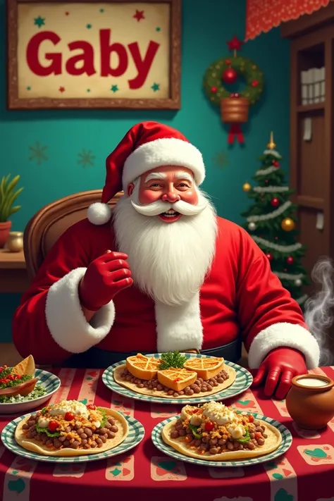 Santa Claus eating sopes , tacos,  atole with a poster that reads "Gaby"