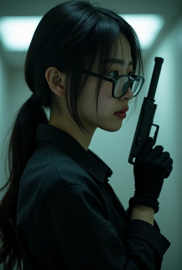 korean girl, ( Behind Bontage  ,  holding MP5 gun, black glasses,  black gloves , Hospital, black clothes, holding realistic atmospheric MP5 ,  black gloves , woman on top,  Behind Bontage , looking at the spectator,  mass murderer , murderer,  low ponytai...