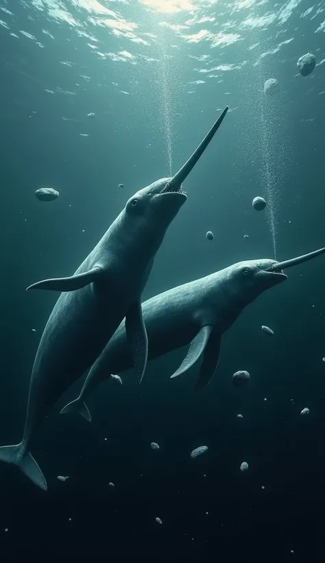  A realistic underwater scene featuring a group of narwhals swimming in open Arctic waters.  The background shows a vast expanse of dark, ice-free ocean with faint reflections from the sky above . Narwhals appear slightly disoriented ,  surrounded by small...