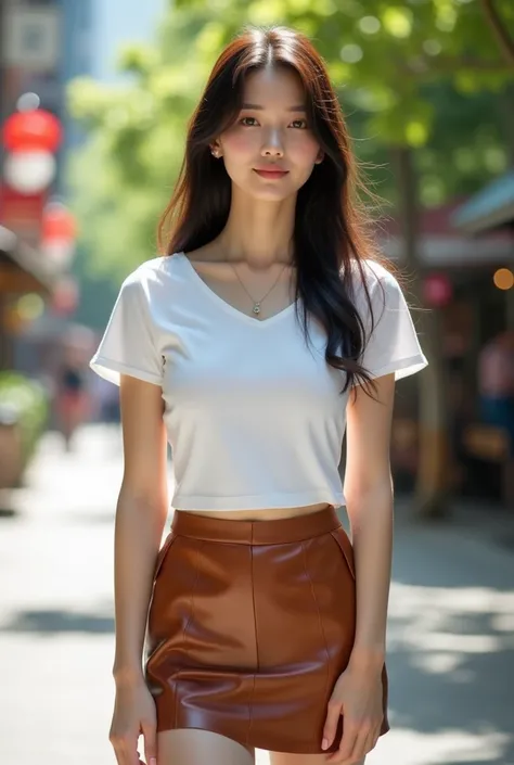 A fashionable 20-year-old Thai woman stands in a casual yet chic summer outfit, white skin, medium breasts, chinese look, featuring a fitted white T-shirt with wide-necked and a fitted brown leather short mini-skirt. Her long dark hair is adorned with a st...