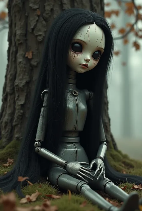 A tin doll without life and feelings with long black hair under a tree writing she has dead eyes 