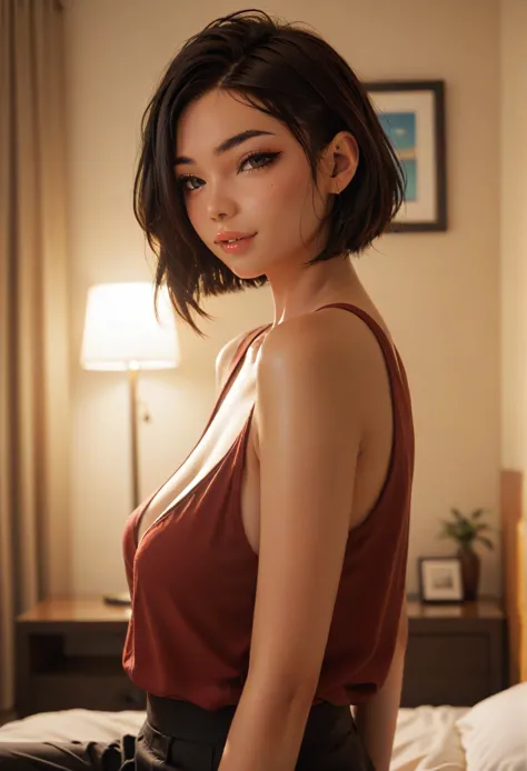 ( 1 girl , japanese, 4, bobcut hair, ( casual wear ),  open all the , luxury city hotel room, ( comfortable lighting :1.3)), asa...