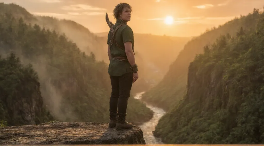 Josh Hutcherson as Peter Pan, standing confidently on a rocky cliff overlooking Neverland. He has tousled brown hair, light skin, and wears a forest-green tunic with a leather belt and boots. The background shows lush forests, sparkling waterfalls, and a g...