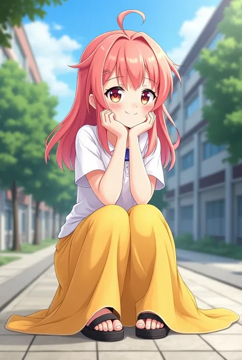 Upbeat anime girl with pastel red hair wearing a white shirt and long yellow skirt and a kind smile crouching down to look into my eyes against a school background