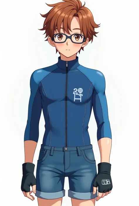 
Hendryck : average-height boy , white, rubio, brown eyes with glasses, delgado. Clothes: blue diver,  blue jean shorts and gym gloves. Anime version about  whichever is older,  mens
