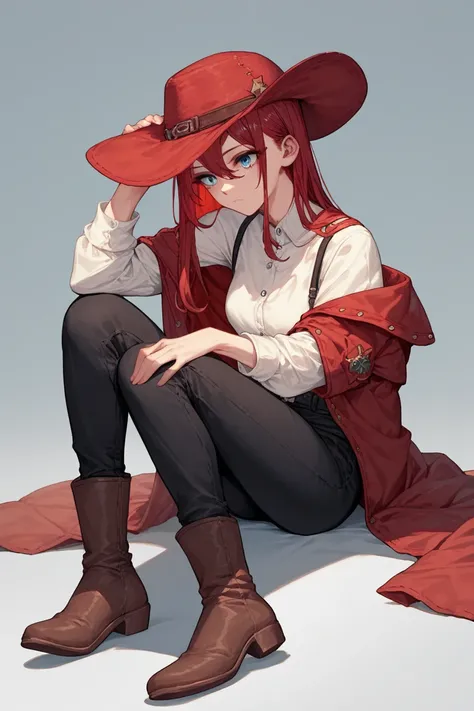 Woman, long red hair, blue eyes, red hat, red button-down blouse, black pants, Brown boots with fur , cowboy style,Sitting ,Anime style