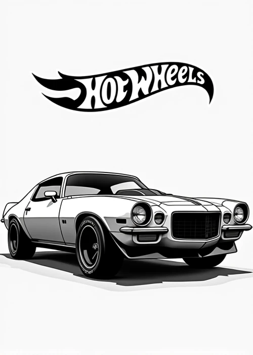 an image that comes with the HOT WHEELS logo black and white ,  with the phrase 70 Camaro rs that features a Camaro model from the middle of the image down, that the background is white 