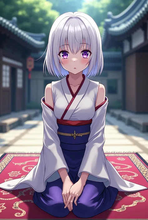 Purple-eyed adult human woman,  white hair up to the shoulders ,  with two locks below the ears ,  sitting on a carpet in the background of a traditional Japanese estate while she wears a kimono revealing only the shoulders Kimetsu no Yaiba 2D drawing styl...