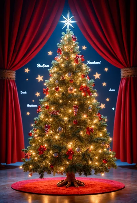 Christmas tree with backstage and the names of Susan Derek Nahomi Javier