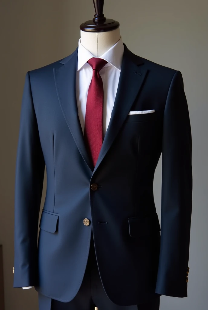 "A formal mens outfit featuring dark blue blazer without inside coat and trousers, paired with a crisp white shirt underneath. The ensemble is completed with a dark red tie, creating a sophisticated and timeless look. The suit is tailored to fit perfectly,...