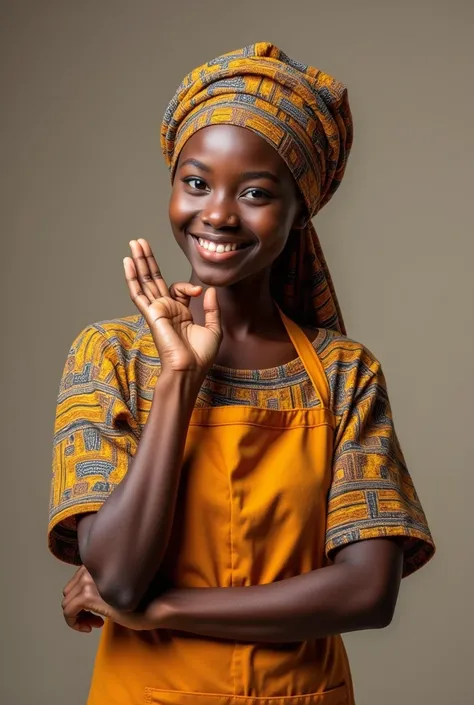 Fait moi une image une fille africaine en voilée et habiller en tenues de cuisine qui montre le côté droit avec son doigt en souriante sur un fond studio 