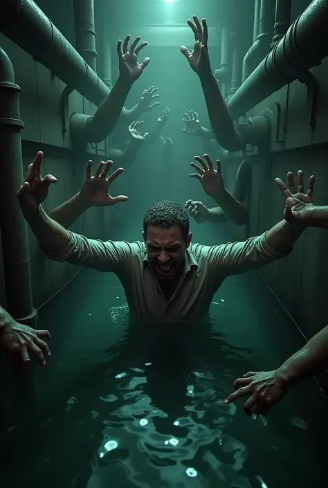  Create a realistic image of this man being pulled into the water reservoir, Full of pipes and darkness ,  put several demonic hands ,  and one of them covering your mouth ,  make it very scary and macabre 