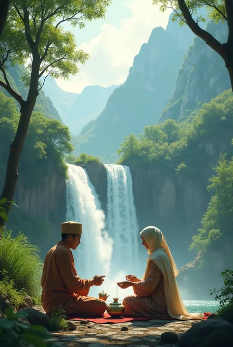 Greenery.waterfall.mountain.muslim couple preparing tea.