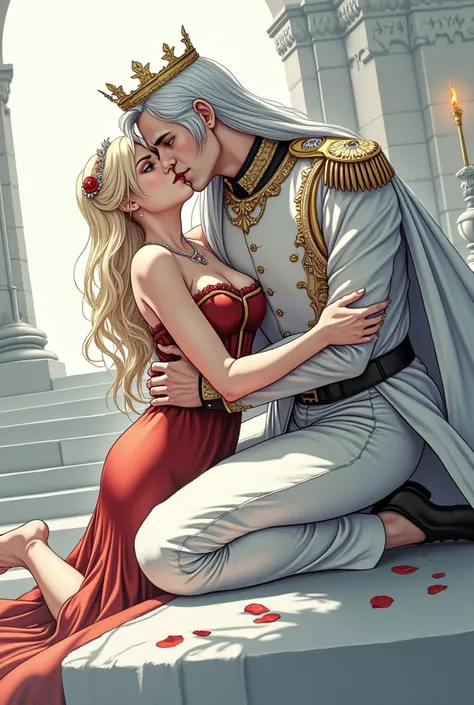  Beautiful,exquisite drawing in the style of a realistic 90s comic. is kneeling on the floor, , a handsome male general with a crown on his head ,  on the generals shoulders with a long royal robe on his shoulders ,  with long white hair,  European looks,w...