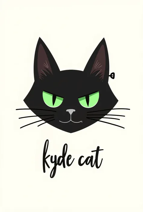 Line icon in the shape of a cats only black rude face and green eyes , en la oreja tiene un arete arriba,  below that has the word Kylde Cat manuscrito limpio femenino con doble linea