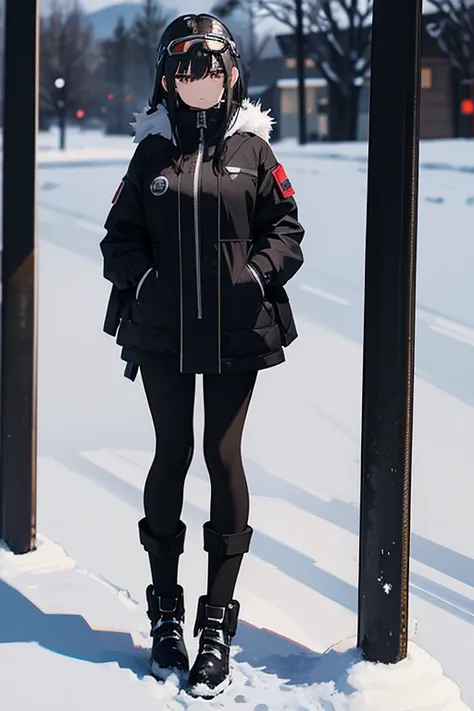 Hot girl, beautiful long black hair,dark brown eyes, snow goggles over her head, black pants, big but medium breasts, A closed short black jacket with Whitefur, long black sheer socks, snow boots, cozy area, normal expression, NOT LOOKING AT THE VIEWER