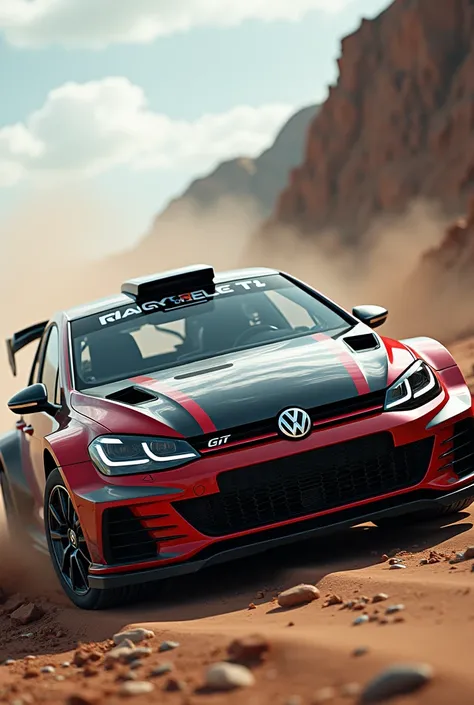 Create a realistic image of a Volkswagen Golf GTI with the modern design in a rally version