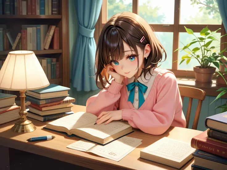 A serene young girl studying at a wooden desk in a softly lit room, surrounded by books and a notebook. She is writing with a pen, her expression calm and focused. The desk features a small lamp emitting a warm glow, a cup of tea beside her, and a window r...