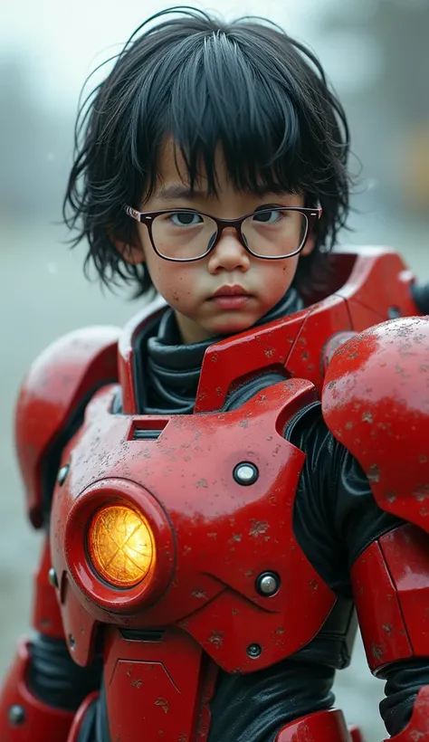   best quality　8k Red War Machine Suit Girl　Kindergarten girl　Sweaty face　cute　  shorthair　  boyish 　  steam is coming out of my head　 My hair is wet with sweat　The feel of black hair　  Full Body Portrait 　My upper body is soaked　Glasses