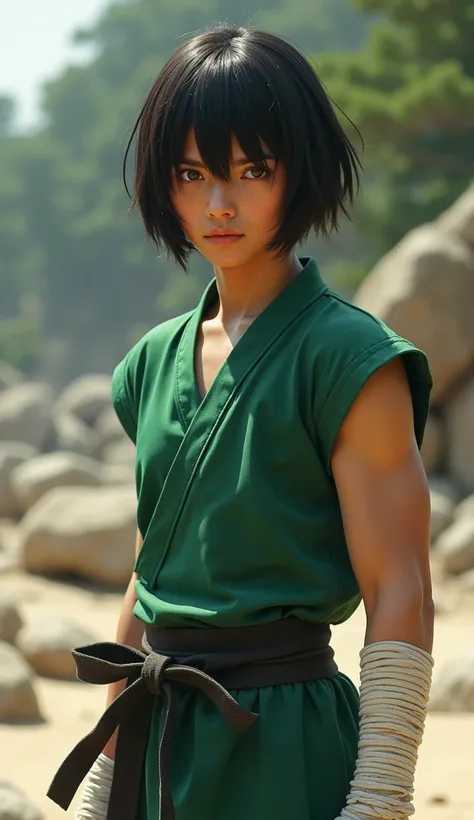 A realistic young man with a bob haircut and thick eyebrows. He wears a green shirt with a matching green vest, and his lower arm and wrist are wrapped in bandages, symbolizing his rigorous training. His athletic physique reflects his commitment to taijuts...