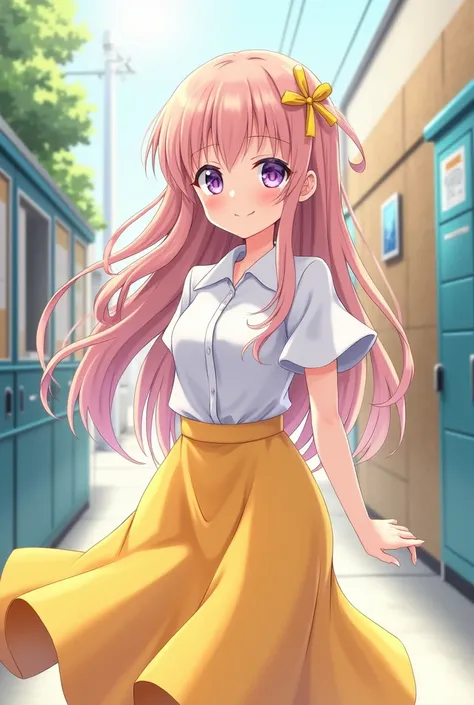 Upbeat anime girl with pastel red hair wearing a white shirt and long yellow skirt and a kind smile looking into my eyes with a school background