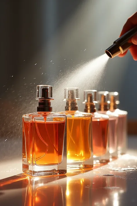 Perfume bottles being sprayed with clear liquid with the name drbperfumaria in the spotlight 