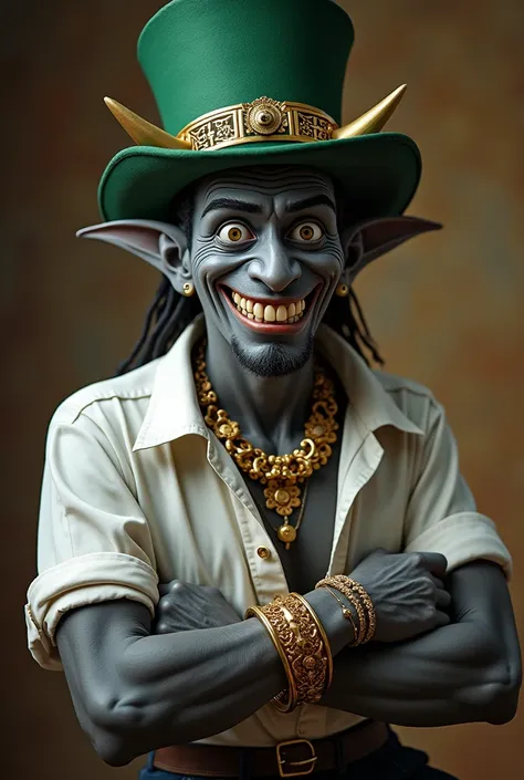  Tiferino gray with a smile that shows canine teeth.  green top hat with details in gold . empty eyes. several tribal tattoos . small horns. clothes:  white shirt and black pants . gold rings and bracelets