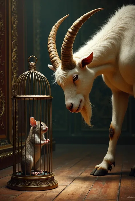 high masterpiece detail, a goat confronts a mouse in a cage