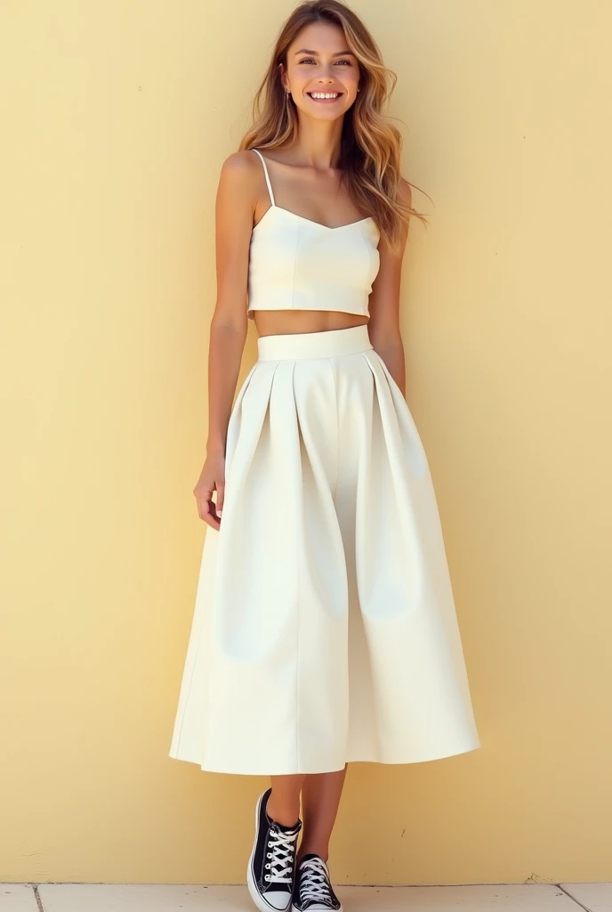 light brunette girl smiling, full body, dark brown hair and wearing a white cropped heel-length skirt that covers her entire chest, white, yellowish white wall background, short black sneakers