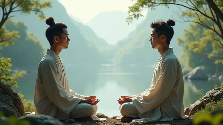 Very handsome korean young man 2 men meditating natural