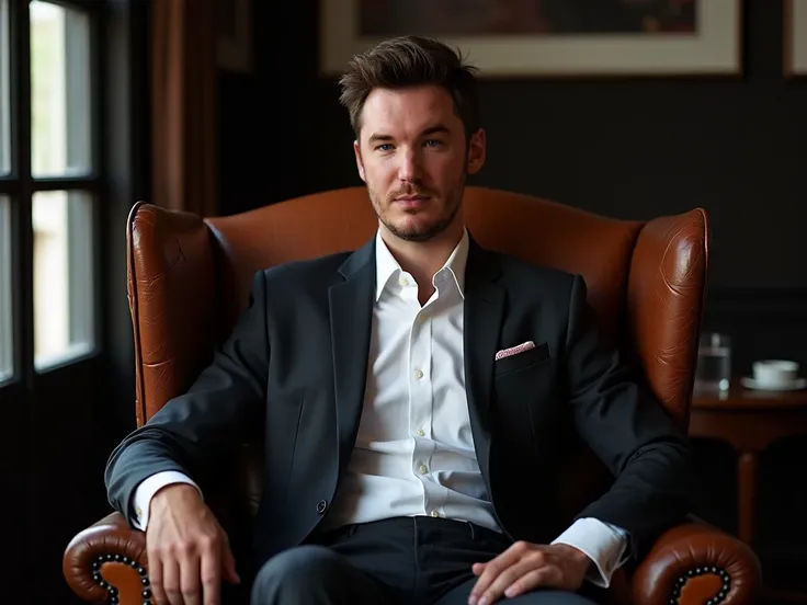  Professional photo shoot of a guy in a classic suit like for a magazine,  a white shirt , Dark trousers,  The guy is sitting in a beautiful leather chair , behind him is a very stylish interior ,  the background is darkened to contrast to the guy , Light ...