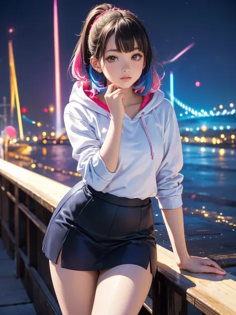 ( best quality:1.2,  Very detailed, Latest,  vibrant ,    high contrast , masterpiece:1.2,  best quality,  best aesthetics),   girl, ((  Frontal Knee-Up Shot  :1.4)),   colorful hair,Short bob ponytail with braids   ,  pastel colors,  1980s Style , ((Retro...