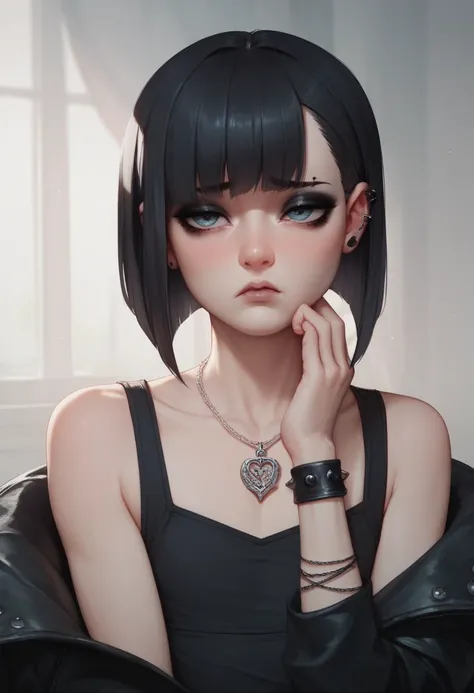  a goth girl,  Long Black Hair, front bangs,  black eyeliner , goth,  flat chest , shy, tender, conejita 