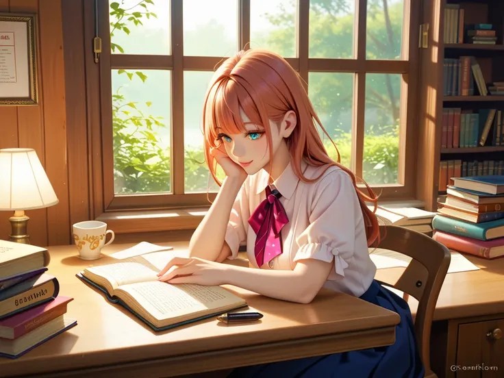 A serene young girl studying at a wooden desk in a softly lit room, surrounded by books and a notebook. She is writing with a pen, her expression calm and focused. The desk features a small lamp emitting a warm glow, a cup of tea beside her, and a window r...