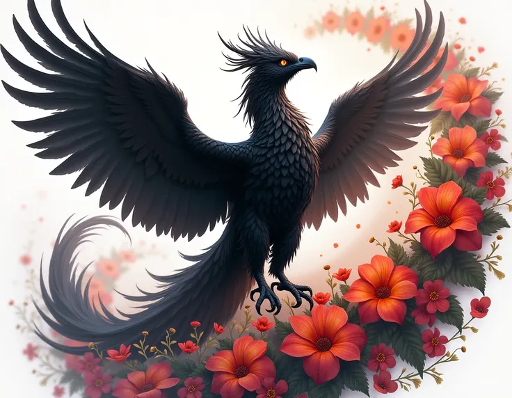  make a realistic Phoenix, black on white , In Vota de Flores 