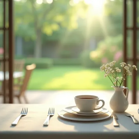 Empty breakfast table with blurred garden in the background seen from above