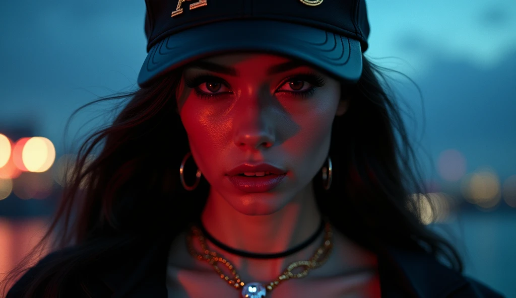 surreal Long-haired black " Because of you"  fashion female mid close up sexy body with black AJO Gold chain with diamond in her neck wearing a cap writing AJO ,rose gold stainless, night scene with the night blue and red light
